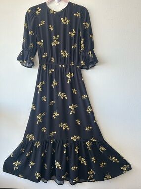 Reformation Jeans Black Midi Dress with Gold Floral Motif